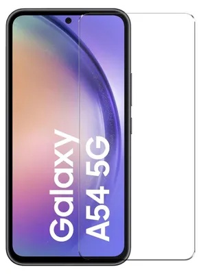A screen protector is shown placed on a Samsung Galaxy A54 5G phone.