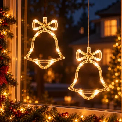 Produktbild von 2 Stück LED Fensterlicht mit Saugnapf, Hängende Fenster Lichterkette Innen, Weihnachtsbeleuchtung, Fensterdeko Batteriebetrieben, Glocke