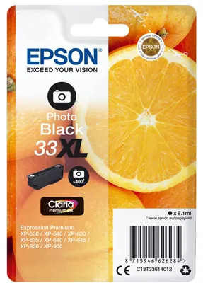 Obrázek produktu pro Epson Oranges Balíček s jedním inkoustem 33XL Pomeranče Claria Premium Photo Black, Vysoká (XL) výtěžnost, Černá fotografická, Inkoust na bázi barvy, 8,1 ml, 1 kusů, 650 str.