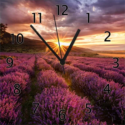 Produktbild von Wallario Design Wanduhr Lavendelfeld bei Sonnenuntergang - Sonnenstrahlen aus Echtglas, Größe 30 x 30 cm