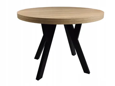 A round wooden table with black legs on a white background.