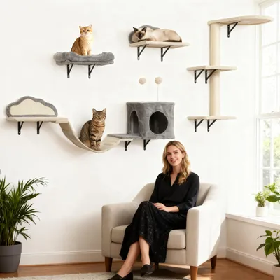 Produktbild von SUGIFT Katzen Kletterwand Set wandmontiert 4-in-1, Kratzbaum Wand, Sisal Kratzbrett, Höhle, Bett, Beige | 50x40x84 cm | für 1-3 Katzen | 13,2 kg