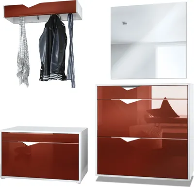 Produktbild von Vladon Garderobe Kolmio 190 x 185 x 33 cm Flurgarderoben Set,  Germany, Korpus in Weiß matt, Fronten in Bordeaux Hochglanz | Große Farbauswahl