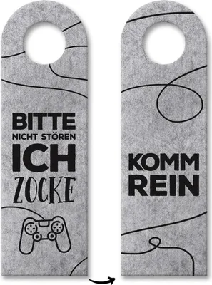Two sides of a door hanger, one with a 'Do Not Disturb, I'm Gaming' message and a game controller icon, the other with a 'Come In' message.