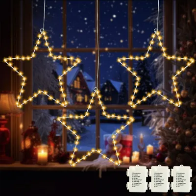 LED-Kerzstern-Set, 3 Stk., 45 warmweiße LEDs, Timer, batteriebetrieben