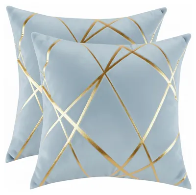 Produktbild von Set mit 2 Samtkissenbezügen, goldene Linienzeichnung, 45 x 45 cm, grau, dekorative Kissenbezüge für Sofa, Schlafzimmer oder Sessel