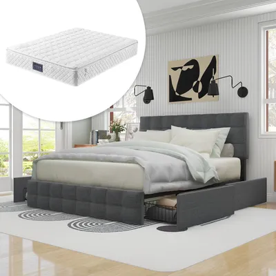 Produktbild von STILVORA Jugendbett 140x200cm Polsterbett mit Lattenrost&Stauraum,Doppelbett mit 4 Schubladen,höhenverstellbares Kopfteil,Grau(mit Matratze)