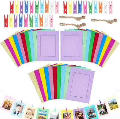 Image de Cadres en carton de 11,5 x 15,5 cm, lot de 30, multicolores, avec pinces en bois et corde pour guirlande de photos