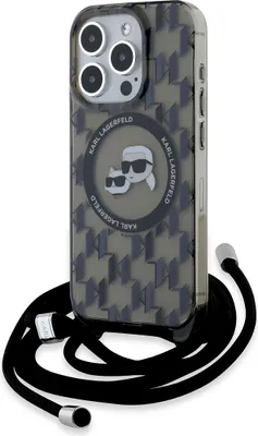 A Karl Lagerfeld iPhone 15 Pro case with a crossbody strap.
