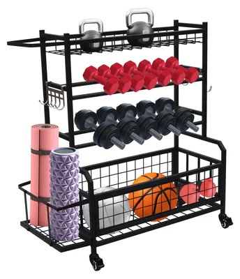 Image de Support multifonctionnel pour haltères - Acier - Capacité de charge de 136 kg - Dimensions : 102,5 x 40 x 105,6 cm - Étagère de rangement pour salle de sport - Organisateur de fitness
