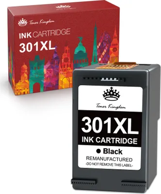A black ink cartridge and its red packaging are shown against a white background.