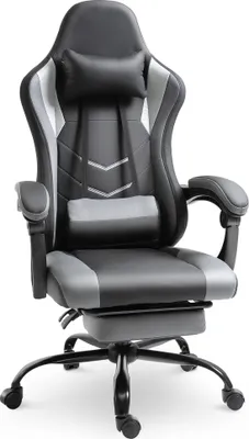 Produktbild von Fortuna Lai Gaming Sessel höhenverstellbar mit Kopfstütze und Lendenkissen, ergonomisch, bis 120 kg, mit Fußstützen, schwarz