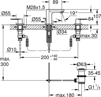Immagine prodotto di Grohe Eurosmart Cosmopolitan, mitigeur de lavabo 3 trous, saillie 89mm, vidage à tirette, 20187000, 20187000