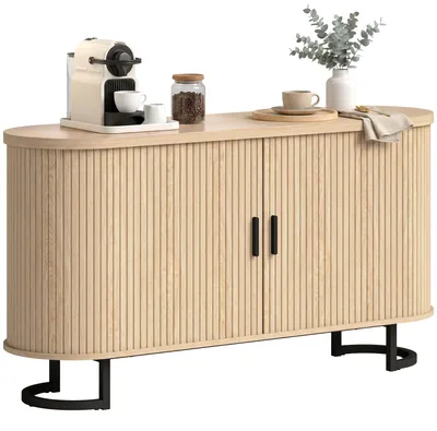 Produktbild von Wohnzimmer-Sideboard, ovales Aufbewahrungsm?bel mit 2 Schiebetš¹ren und verstellbaren Einlegeb?den, 140 x 40 x 75 cm, Naturholz