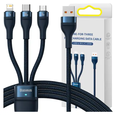 Immagine prodotto di Cavo Usb 3W1 Baseus Flash Series, Usb-C + Micro Usb + Lightning, 100W, 1,2M (Niebieski)