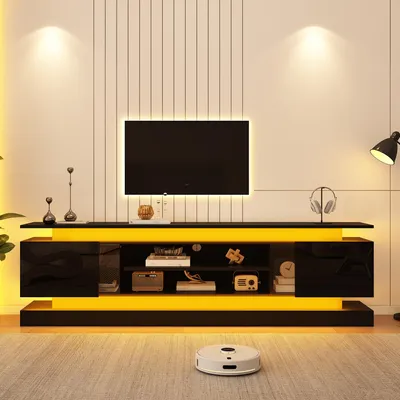 Zdjęcie produktu dla Szafka RTV z wysokopołyskową powierzchnią, oświetleniem RGB LED i sterowaniem za pomocą aplikacji, pod telewizor z akrylowym frontem, 2 drzwiczkami otwierane naciśnięciem, regulowanymi półkami, kolor czarny