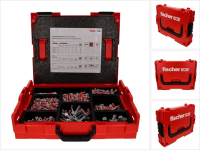 A collage of images showing a red tool case with various types of wall anchors and fasteners inside, along with exterior shots of the closed case.