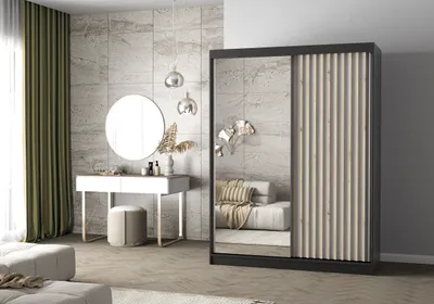 Produktbild von Easy4You Lami III Schwarz/Weiss Schiebetürenschrank Kleiderschrank 150x200x61 cm mit Spiegel - Schlafzimmermöbel, Aufbewahrung – Mehrzweckschrank mit Kleiderstange und Lamellen