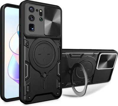 Immagine prodotto di Custodia per Samsung Galaxy S20 Ultra a doppio strato con copertura della fotocamera e supporto ad anello Nero
