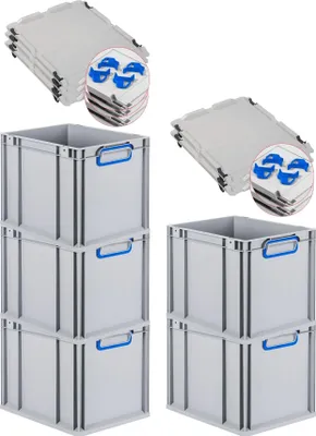 Produktbild von SparSet 5x Eurobox NextGen Color mit Auflagedeckel und Schiebeschnappverschlüsse | HxBxT 32x30x40cm | 30 Liter | Grau | Griffe blau geschlossen | Glatter Boden | Eurobehälter, Transportbox, Transportbehälter, Stapelbehälter