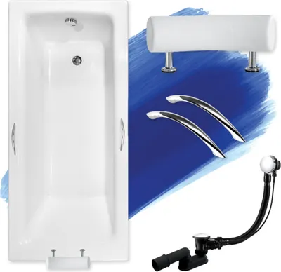 Zdjęcie produktu dla Wanna Akrylowa Zestaw 5w1 Prostokątna 160x75 Biała + Uchwyty + Czarny Zagłówek, Nowoczesny Syfon i Nogi (stelaż) w komplecie | BADLAND TALIA PREMIUM