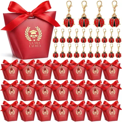 30 Abschluss-Geschenksets mit Boxen, Marienkäfer-Anhängern und rotem Band