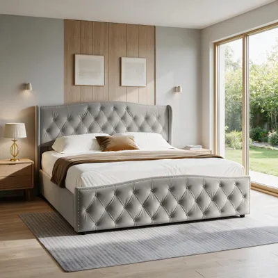 Image de INONEFT, lit rembourré 140x190 cm avec espace de rangement, lit pour adolescents avec coffre à lattes hydraulique, lits simples avec sommier à lattes, revêtement en velours, sans matelas, couleur gris
