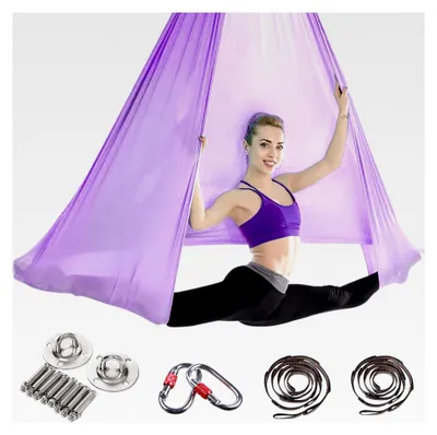 Produktbild von Aerial Yoga Hängematte Set, 5m x 2,8m Aerial Yogatuch Anti-Schwerkraft YogaSwing, Aerial Yoga Hammock Swing 200 kg Tragfähigkeit, Nylon Tuch Nestschaukel mit Beschlägen (Lila)