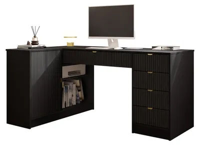 Produktbild von MIRJAN24 Eckschreibtisch / Schminktisch Tireno mit 5-Schubladen, Fronten gefräst, Aluminiumgriffe in der Farbe Gold (Farbe: Schwarz Molet)