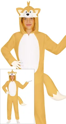 Productafbeelding van Fuchs dierenoverall kinder kostuum, met capuchon en staart, carnaval, leuk outfit, avontuurlijk spel, kigurumi, dierenwereld, fantasie, feest, dierengezicht, creatief, vos, feest, maat: 128/134, kleur: geel