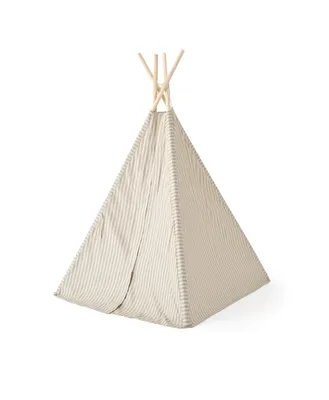 A striped teepee tent for children, made of fabric and supported by wooden poles.