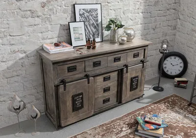 Produktbild von MASSIVMOEBEL24 Sideboard Mango 150x45x90 grau lackiert RAILWAY #219