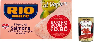 Produktbild von 12x Rio mare Lachsfilet mit extra jungfräulichem Olivenöl, Dampf gekocht, reich an Omega 3, 125g + Italian Gourmet polpa 400g