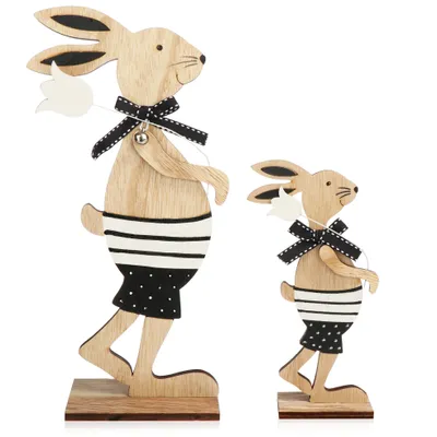 Produktbild von COM-FOUR® 2x Deko Aufsteller für Ostern - Großer und kleiner Osterhase mit Blume - Osterdeko zum Hinstellen - Osterdekoration aus Holz