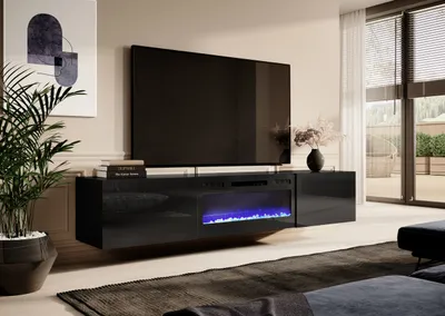 Produktbild von TV - Lowboard Fernsehtisch SLIDE K 200 mit Kamin schwarz Hochglanz TV Kommode Fernsehschrank 200 x 37 x 40cm