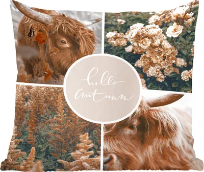Produktbild von MuchoWow® Zierkissen Sofakissen Wohnzimmer Dekokissen 60x60 cm Schottisches Hochlandrind - Herbst - Collage - Sitzfläche - Foto Polster