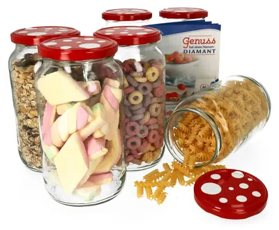 Produktbild von 6er Set Einkochgläser 1062ml Rundglas rot weiß gepunktet Deckel Einmachglas Marmelade Einweckglas