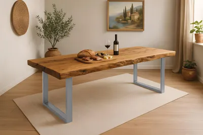 Produktbild von Esstisch Baumkante 300 x 100 cm Teakholz massiv U-Gestell silber KINAN