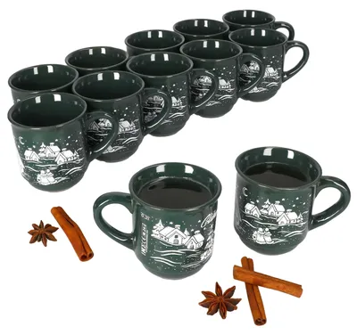 Produktbild von 12x Glühweinbecher 0,2L grün Weihnachtslandschaft Keramik Glühweintassen geeicht