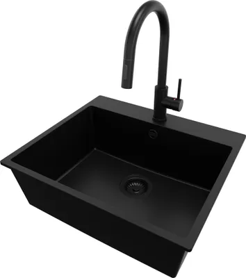 Produktbild von PRIMAGRAN Granitspüle Alles Schwarz 58x50cm, Spülbecken 1 Becken + Küchenarmatur 40x20cm + Ablauf-Set, Küchenspüle ab 60er Unterschrank - Riga