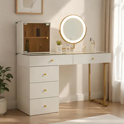 Obrázek produktu pro Kosmetický stolek, rozměry 120x45x115 cm, s LED zrcadlem, skleněnou deskou a skříňkou (zlatá, bílá)