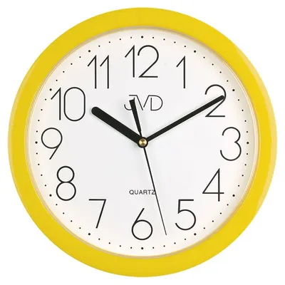 A yellow analog wall clock with black hands and numbers on a white face.