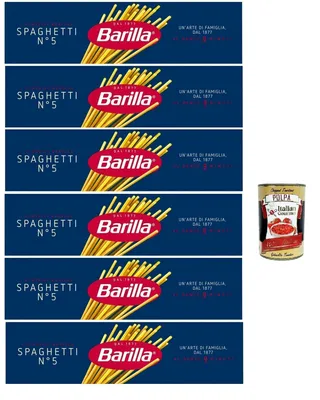 Produktbild von Barilla Spaghetti N.5 – 6×500 g Hartweizenpasta, al dente in 9 Min., ideal für Tomaten-, Öl- & Pestosaucen, hergestellt in Italien + Italian Gourmet polpa