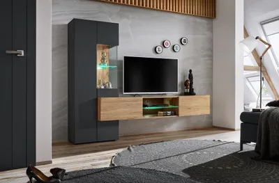 Produktbild von Wohnwand Anbauwand Wohnzimmer Schrankwand TRY mit Led Beleuchtung Push - Click