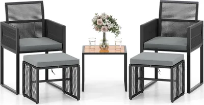 Produktbild von 5-teiliges Rattan Gartenmöbel Set, Lounge Möbel Outdoor mit Akazienholz-Tisch, PE-Rattan-Sesseln, abnehmbaren Kissenbezügen & stapelbaren Ottomane
