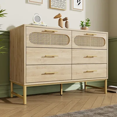 Produktbild von okwish Rattan Kommode Sideboard mit viel Stauraum, Schrank mit 6 Schubladen, Schubladenschrank Anrichte für Wohnzimmer, 120 x 40 x 74 cm, Sonoma Eiche