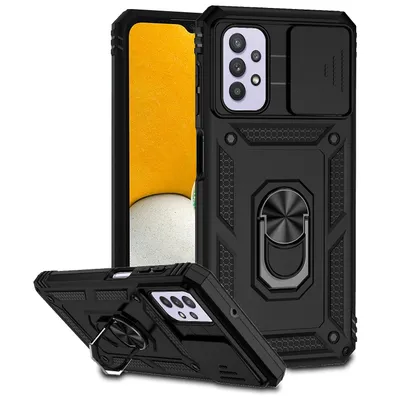 Immagine prodotto di Custodia per Samsung Galaxy A32 5G a doppio strato con copertura scorrevole della fotocamera e supporto ad anello nero