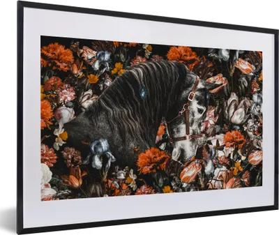 Produktbild von MuchoWow® MuchoWow® Gerahmtes Poster Pferd - Blumen - Halfter 60x40 cm - Poster mit zchwarzem Bilderrahmen - Schlafzimmer - Plakat in Rahmen - Drucken