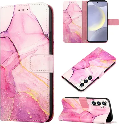 Produktbild von Galaxy S24+ Hülle, Marmor Motiv Kunstleder Tasche Kartenfächer mit Standfunktion Schutzhülle für Samsung Galaxy S24+ Rosa