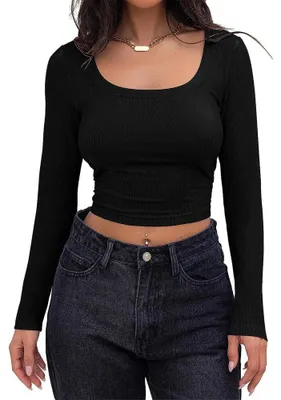 Immagine prodotto di KOEMCY Maglia a maniche lunghe da donna, modello aderente, top corto a maniche lunghe, basic, elegante